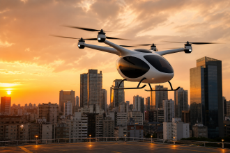Aeronave elétrica eVTOL sobre área urbana durante voo de demonstração