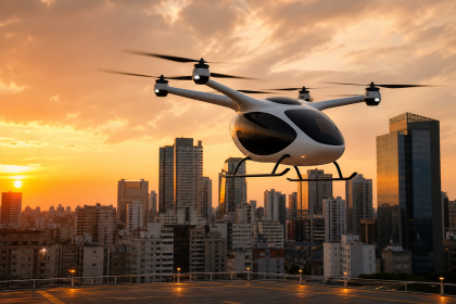 Aeronave elétrica eVTOL sobre área urbana durante voo de demonstração