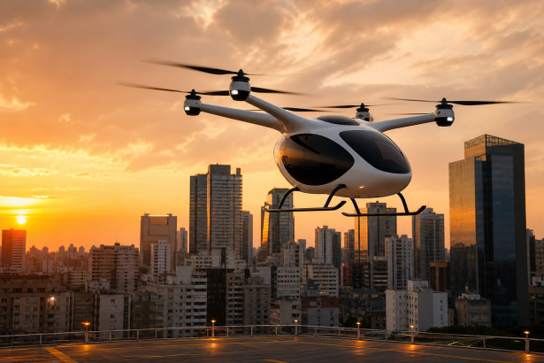 Aeronave elétrica eVTOL sobre área urbana durante voo de demonstração