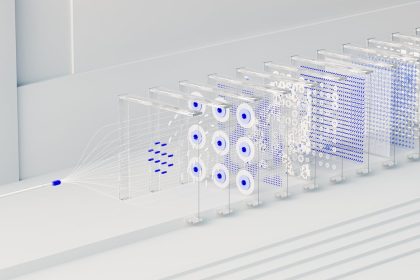 Visualização abstrata de inteligência artificial, com redes neurais, fluxo de dados e algoritmos em composição digital.