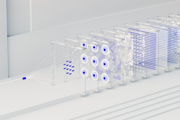 Visualização abstrata de inteligência artificial, com redes neurais, fluxo de dados e algoritmos em composição digital.