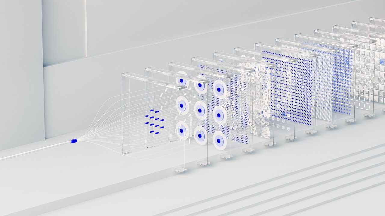 Visualização abstrata de inteligência artificial, com redes neurais, fluxo de dados e algoritmos em composição digital.