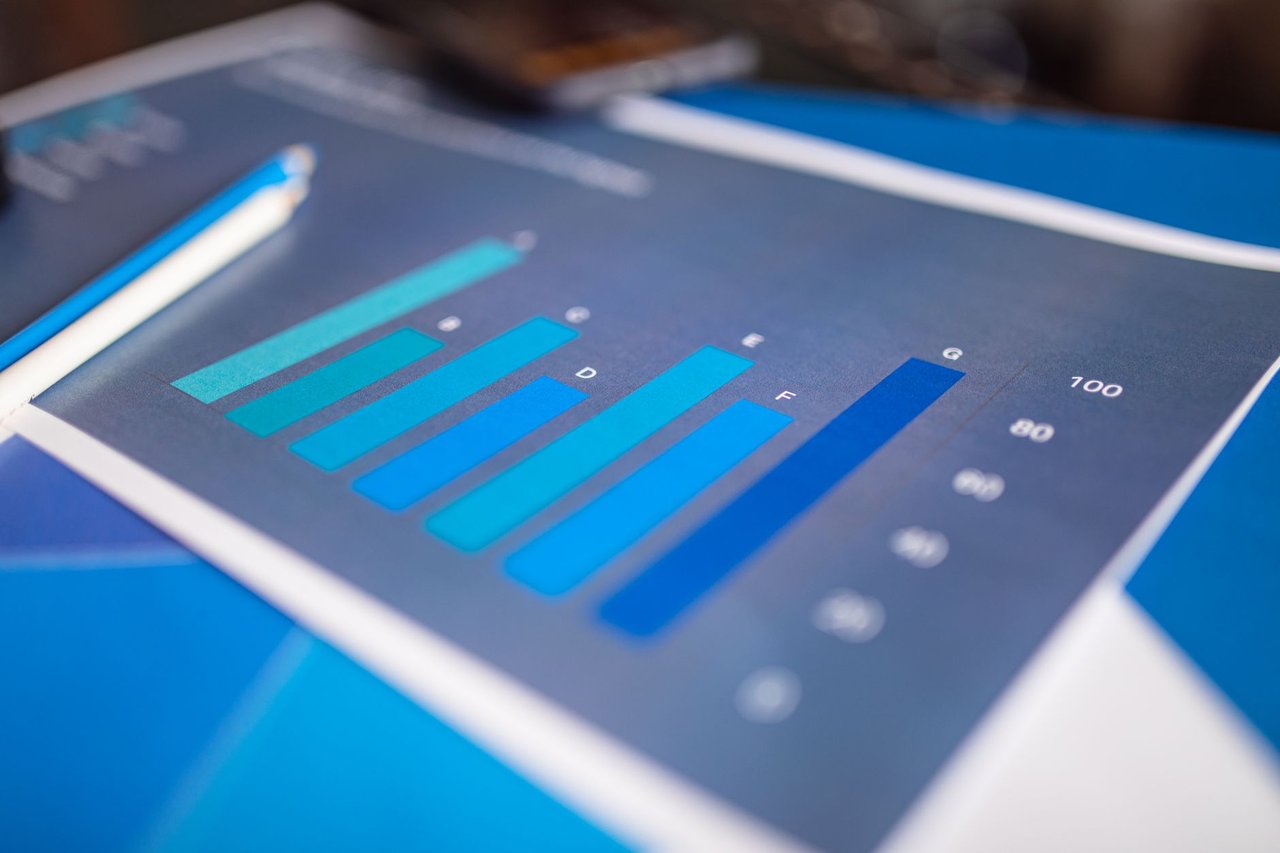 Close de um gráfico de barras azul com dados econômicos impressos em uma folha de papel.